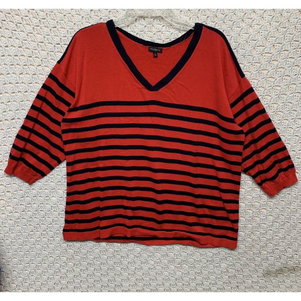 Talbots Sweater Women XL Red Navy Stripes V Neck Cotton/Rayon‎ Knit Long Sleeve.
